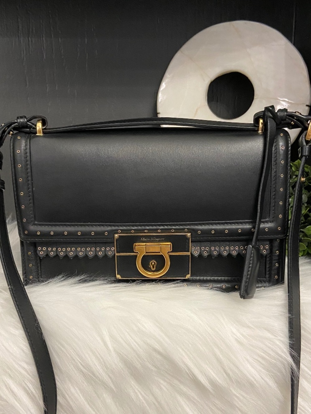 Ferragamo Black Leather Crossbody Bag Red Interior Gold Studded Fringe Detail